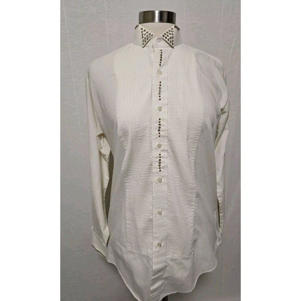 90s Vintage Womens‎ Western Tuxedo Button Down Shirt Studded Rhinestones White